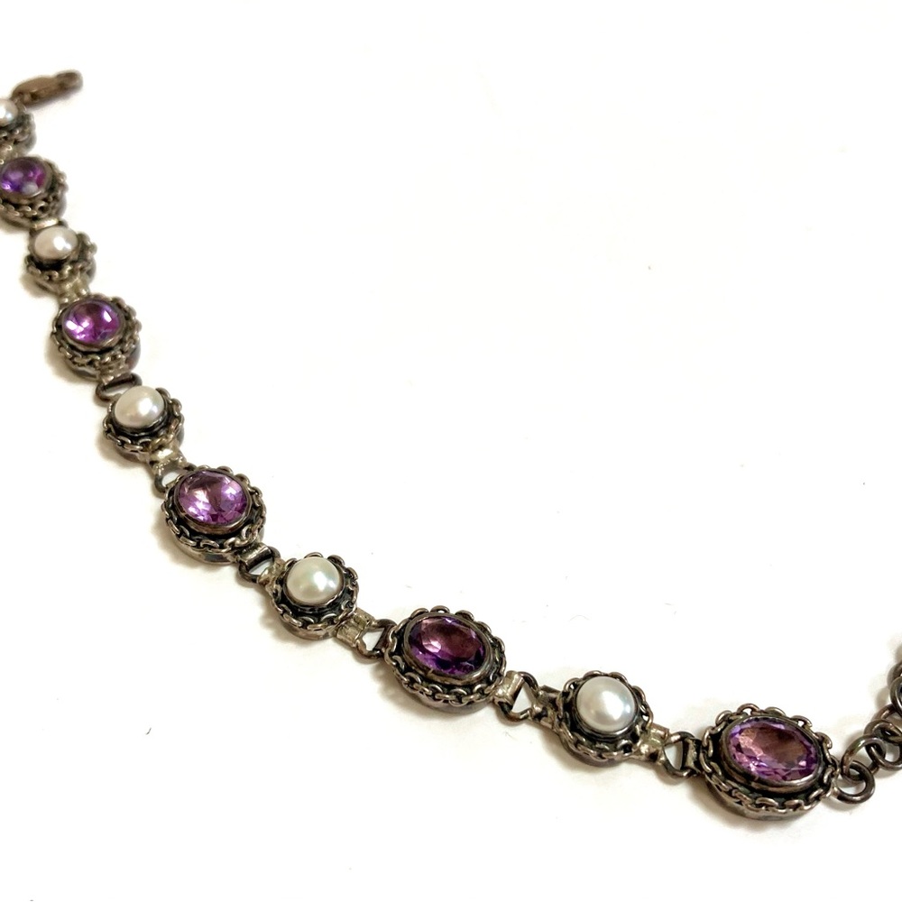 Elegant 925 Stirling Silver Amethyst & Pearl Vintage Style Bracelet